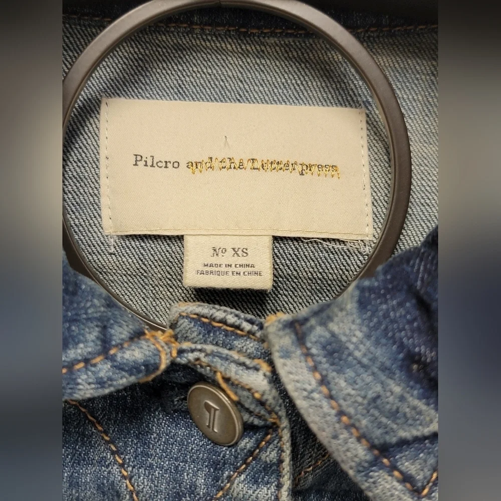 Pilcro and the Letterpress Anthropology Blu Distressed Denim Jean Jacket Size XS